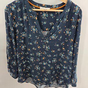 Pale Sky Blue Floral Pullover 100% Rayon Long Sleeved Blouse Large